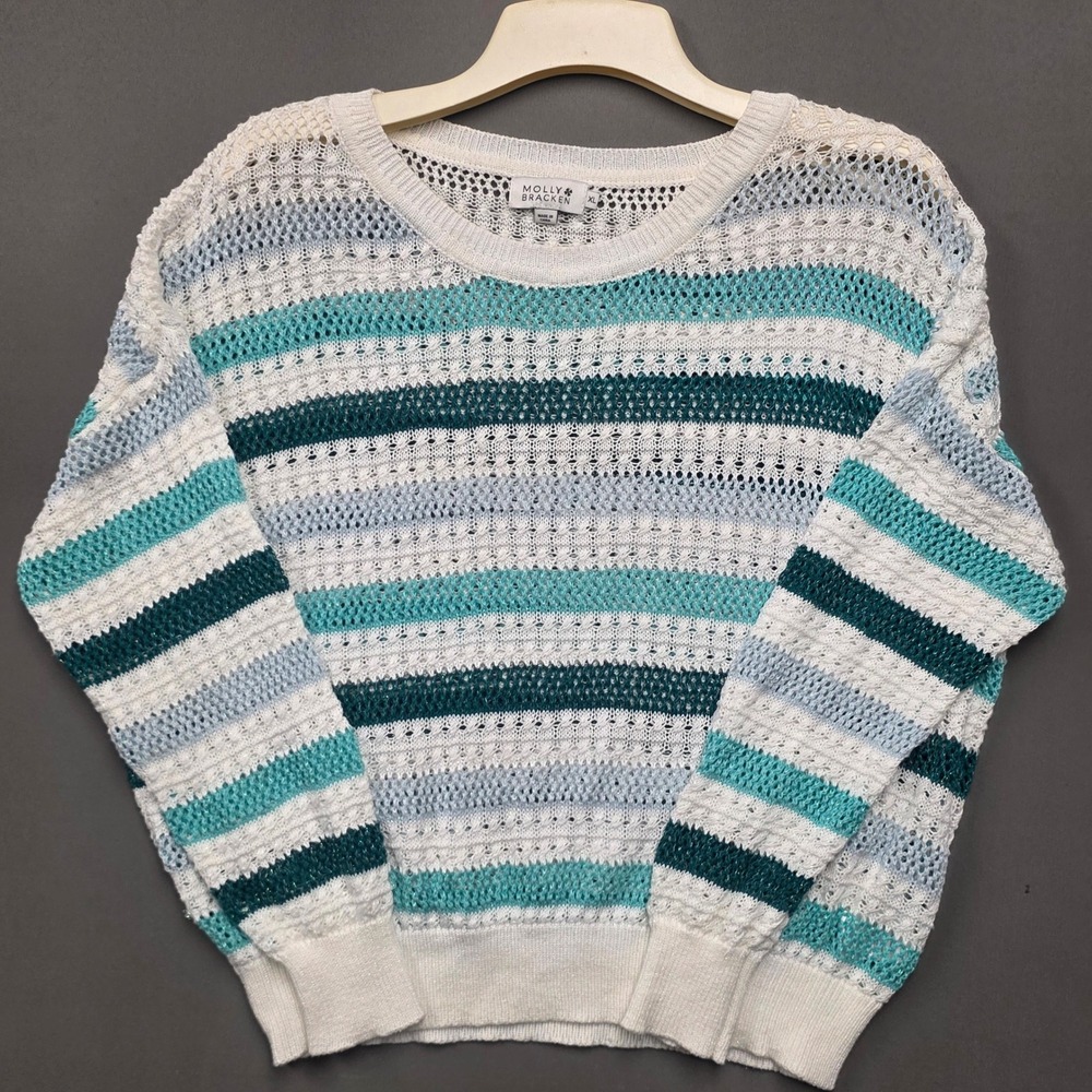 Molly Bracken Womens Striped Open Knit Metallic Sweater XL Blue Teal White